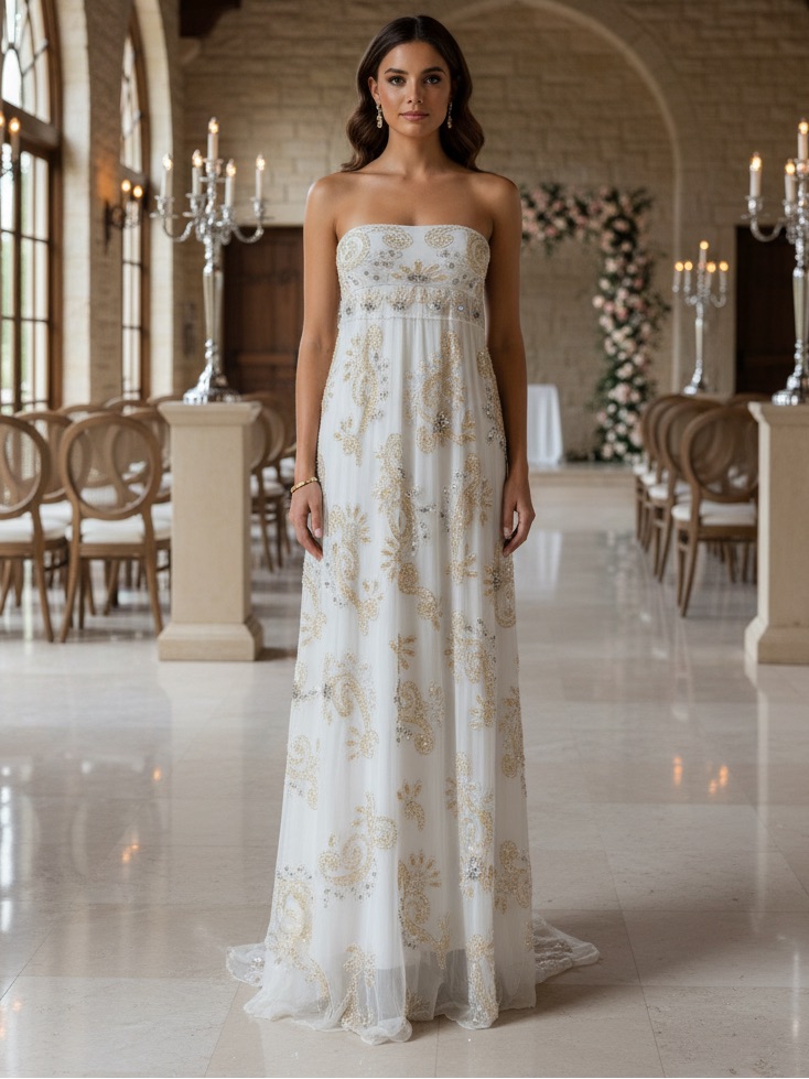 Strapless White Wedding Gown With Beautiful Hand, Beading And Rhinestones